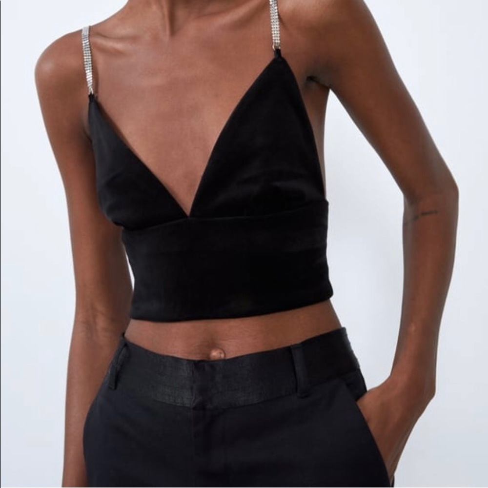 Crop Top Black Velvet Strass Zara